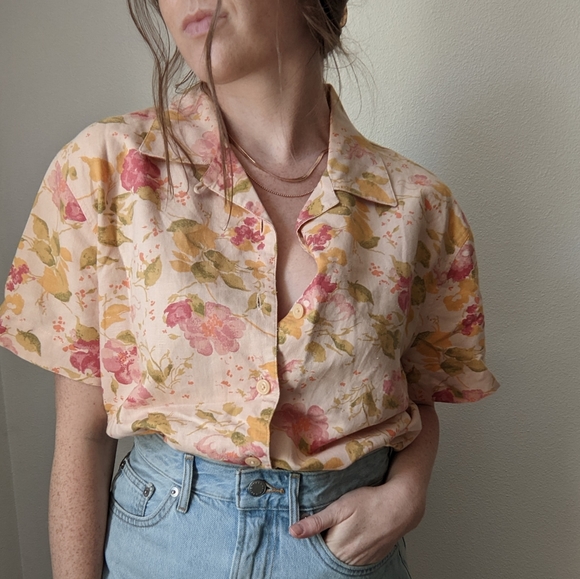 Vintage Eddie Bauer Linen Floral Shirt - Picture 1 of 7